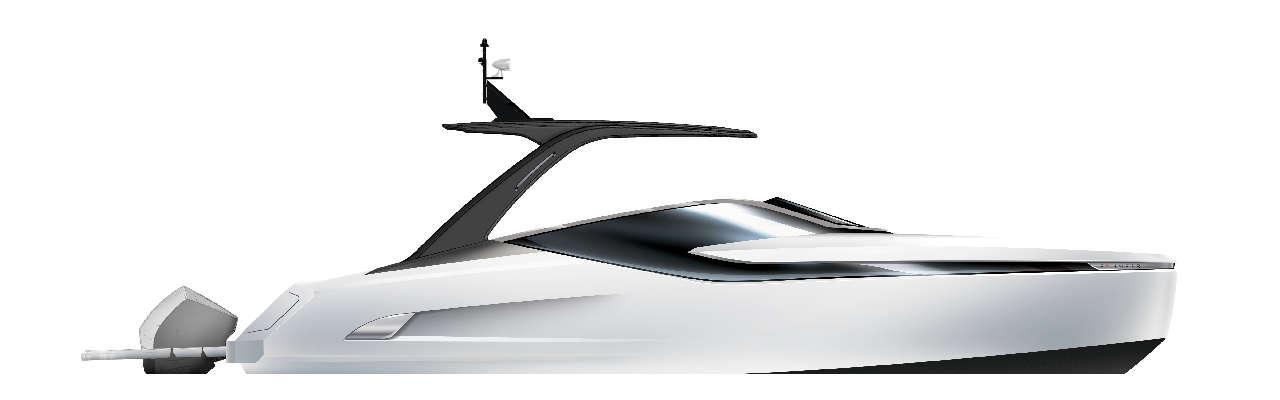 Modern white motor yacht design with a sleek profile and black accents, featuring a raised dark canopy and engine at the rear.
